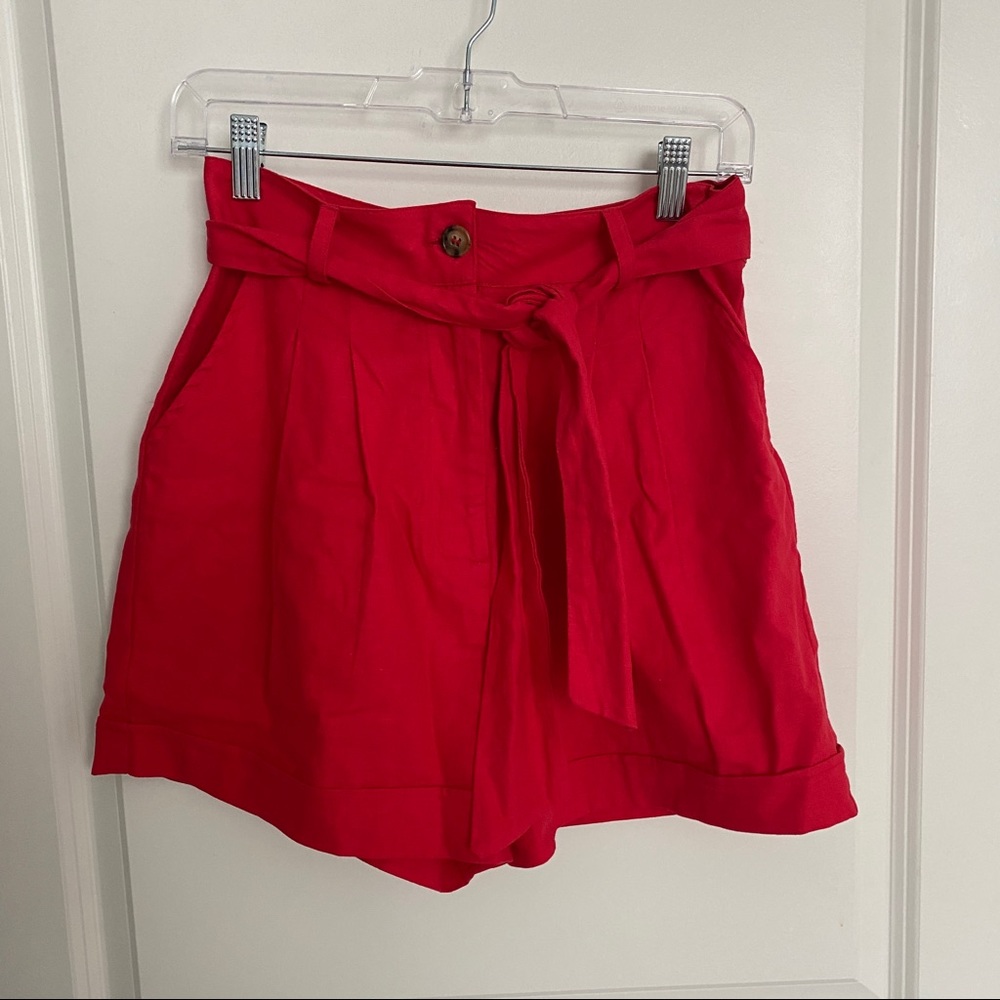 Paper-bag waist red shorts